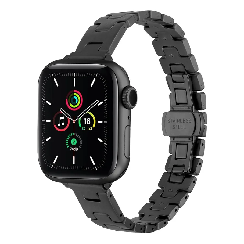 Pulseira de Relógio Slim Estilo H para Apple Watch Series 11 10 42mm / 9 8 7 41mm / SE3 SE2 SE 6 5 4 40mm / 3 2 1 38mm Fivela Borboleta Pulseira de Aço Inoxidável - Preto