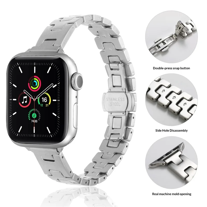 Pulseira de Relógio Slim Estilo H para Apple Watch Series 11 10 42mm / 9 8 7 41mm / SE3 SE2 SE 6 5 4 40mm / 3 2 1 38mm Fivela Borboleta Pulseira de Aço Inoxidável - Preto