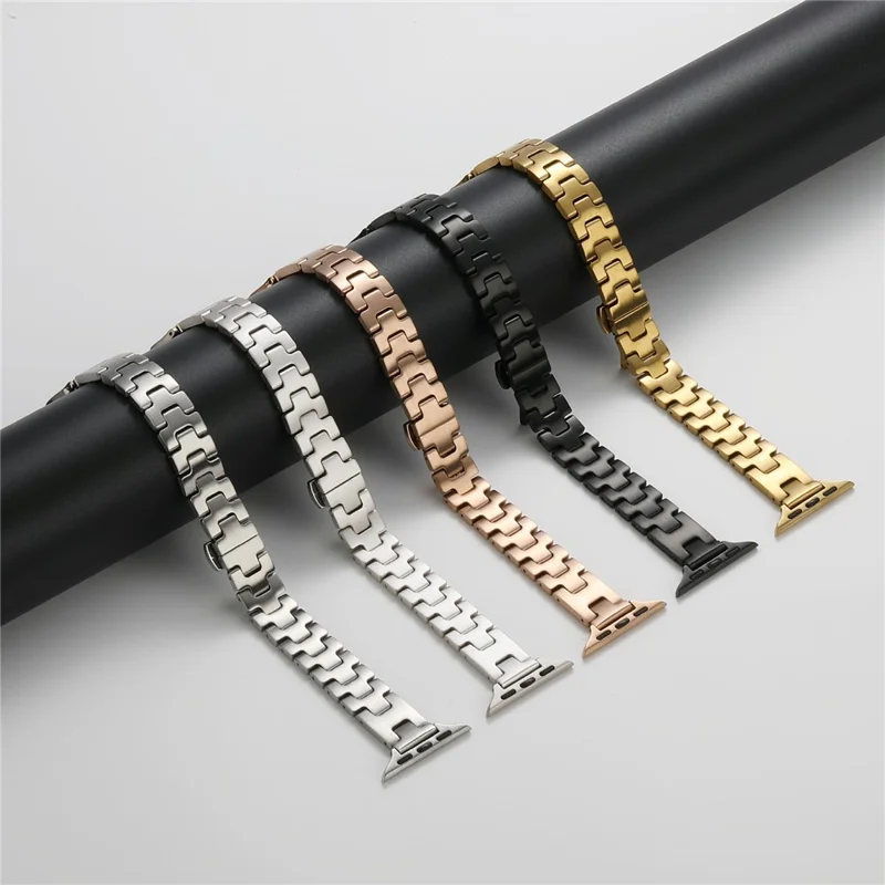 Pulseira de Relógio Slim Estilo H para Apple Watch Series 11 10 42mm / 9 8 7 41mm / SE3 SE2 SE 6 5 4 40mm / 3 2 1 38mm Fivela Borboleta Pulseira de Aço Inoxidável - Preto