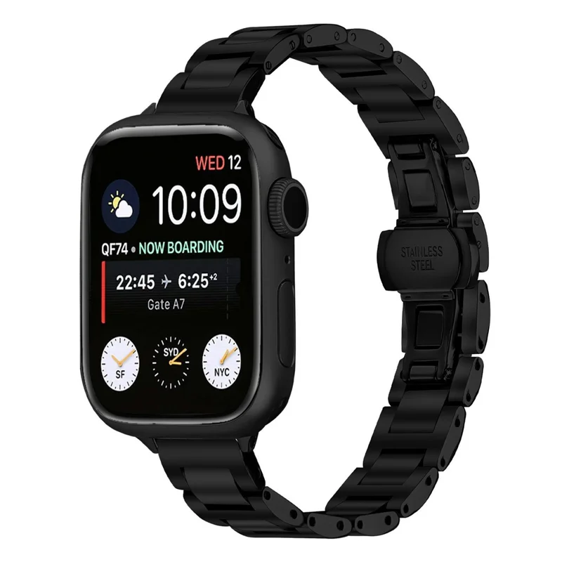 Watch Band For Apple Watch Series 11 10 42mm  /  9 8 7 41mm  /  SE3 SE2 SE 6 5 4 40mm  /  3 2 1 38mm Butterfly Clasp Stainless Steel Strap - Black