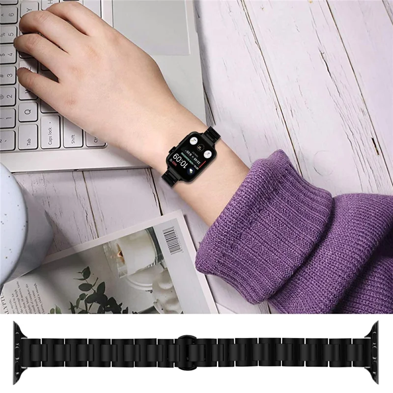 Watch Band For Apple Watch Series 11 10 42mm  /  9 8 7 41mm  /  SE3 SE2 SE 6 5 4 40mm  /  3 2 1 38mm Butterfly Clasp Stainless Steel Strap - Black