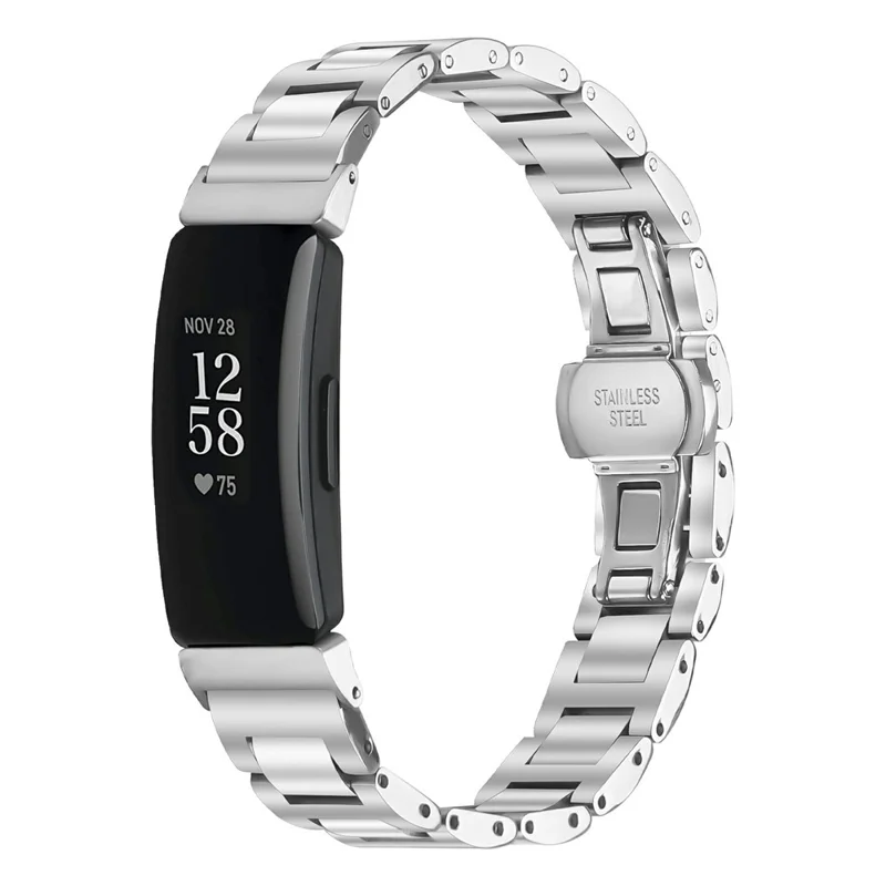 Watch Band For Fitbit Inspire  /  Inspire 2  /  Inspire HR Butterfly Clasp Three Bead Stainless Steel Silver Strap