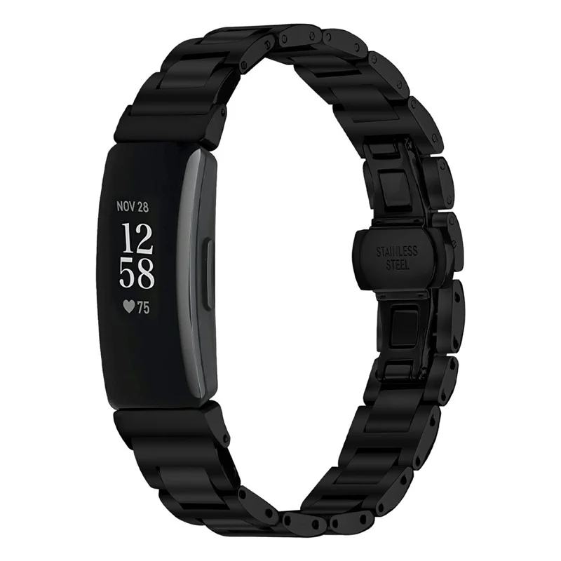 Watch Band For Fitbit Inspire  /  Inspire 2  /  Inspire HR Butterfly Clasp Three Bead Stainless Steel Electroplated Strap - Black