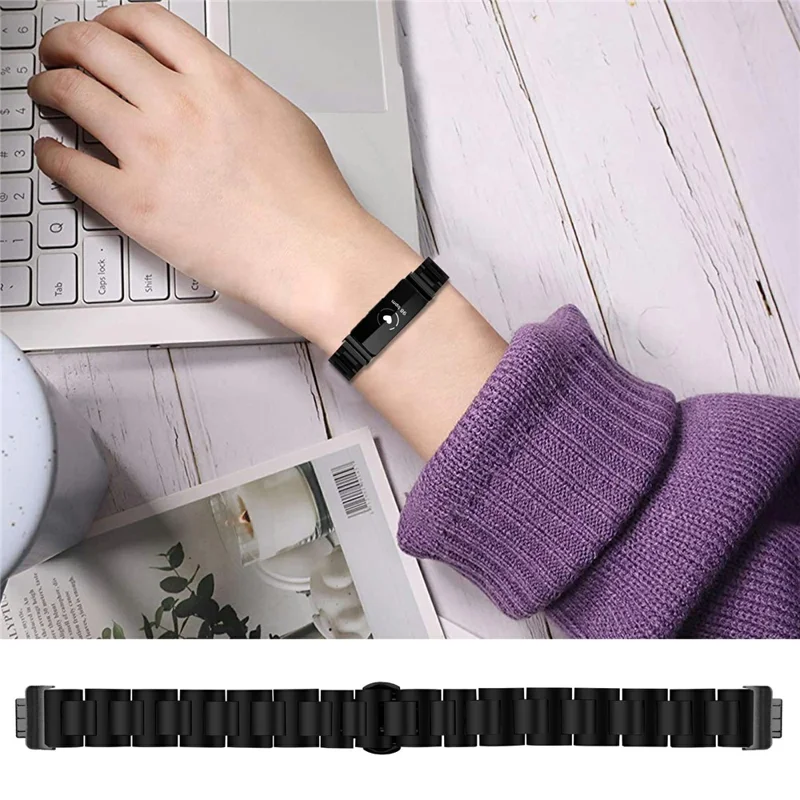 Watch Band For Fitbit Inspire  /  Inspire 2  /  Inspire HR Butterfly Clasp Three Bead Stainless Steel Electroplated Strap - Black