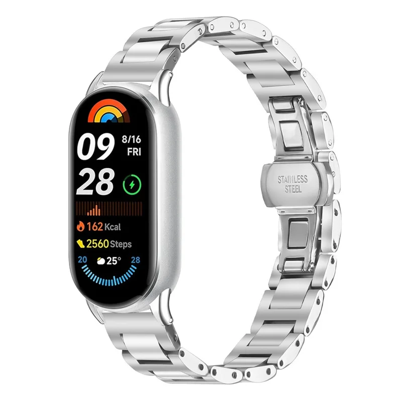 Watch Band For Xiaomi Smart Band 10  /  9  /  8 Butterfly Clasp Three Bead Stainless Steel Silver Strap