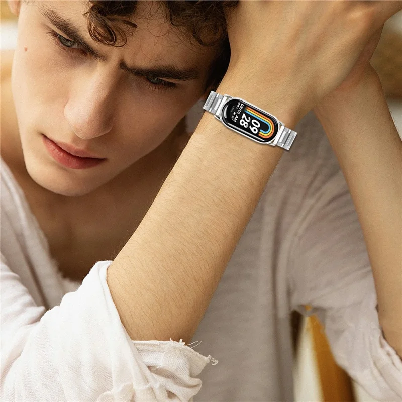 Watch Band For Xiaomi Smart Band 10  /  9  /  8 Butterfly Clasp Three Bead Stainless Steel Silver Strap