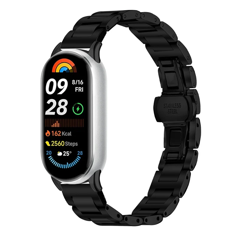 Watch Band for Xiaomi Smart Band 10 / 9 / 8 Butterfly Clasp Three Bead Stainless Steel Electroplated Strap - Black