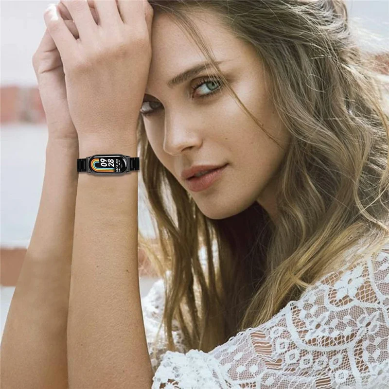 Watch Band for Xiaomi Smart Band 10 / 9 / 8 Butterfly Clasp Three Bead Stainless Steel Electroplated Strap - Black