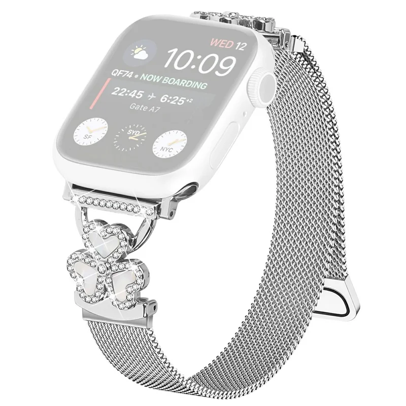 Pulseira Eletroluminescente Milanese para Apple Watch Series 11 10 42mm / 9 8 7 41mm / SE3 SE2 SE 6 5 4 40mm / 3 2 1 38mm com Motivo de Coração e Trevo - Preto+Capa Preta
