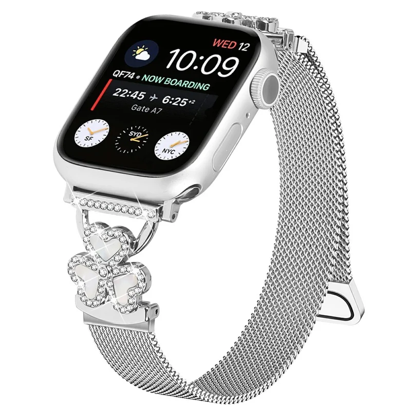 Pulseira Eletroluminescente Milanese para Apple Watch Series 11 10 42mm / 9 8 7 41mm / SE3 SE2 SE 6 5 4 40mm / 3 2 1 38mm com Motivo de Coração e Trevo - Preto+Capa Preta
