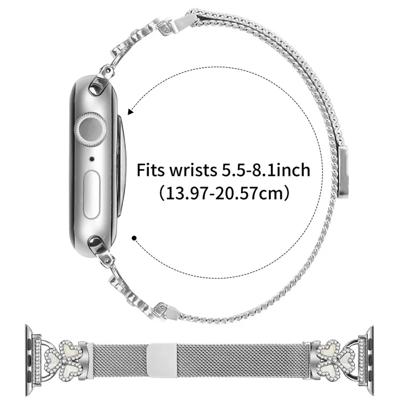 Pulseira Eletroluminescente Milanese para Apple Watch Series 11 10 42mm / 9 8 7 41mm / SE3 SE2 SE 6 5 4 40mm / 3 2 1 38mm com Motivo de Coração e Trevo - Preto+Capa Preta