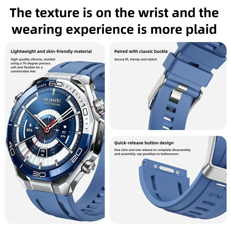 Bracelet en silicone uni de 22 mm pour Huawei Watch Ultimate 2 / Ultimate Design / Ultimate / GT 6 / 5 46 mm, bracelet de montre à bouton de dégagement rapide avec boucle argentée - Bleu