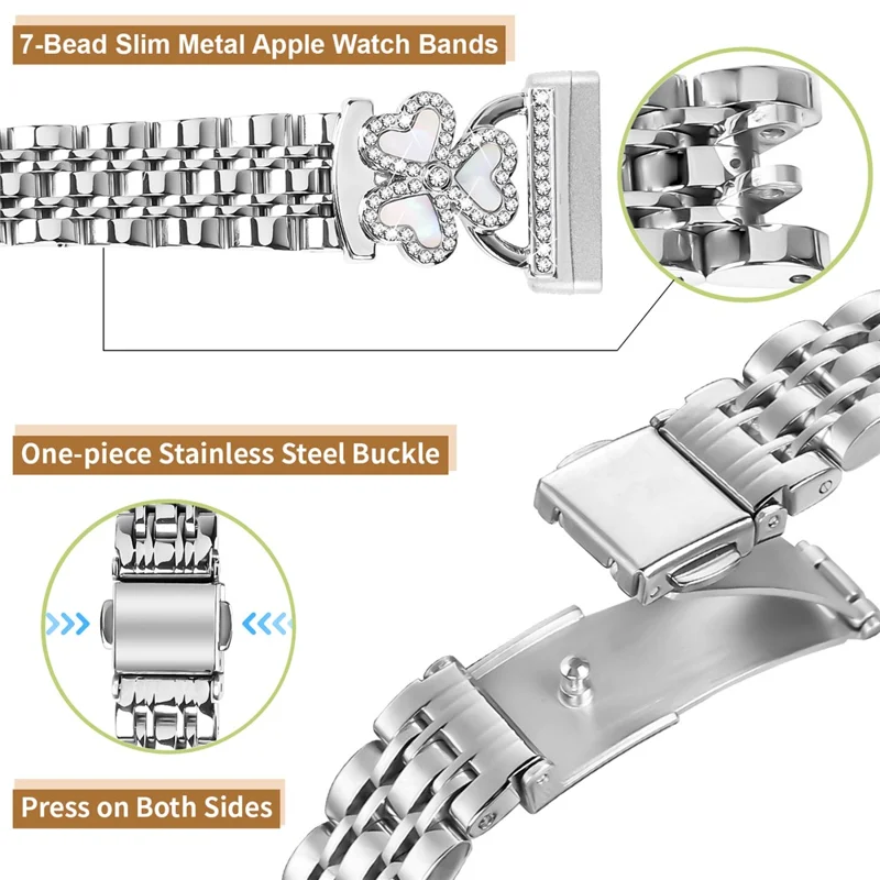 Silbernes Herz-Kleeblatt-Metallarmband für Fitbit Versa 4 / 3 / Sense 2 Uhrenarmband mit 7-Perlen-glänzendem Design