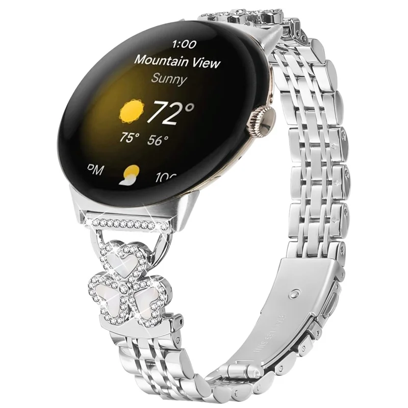 Silbernes Herz-Klee-Metallarmband für Google Pixel Watch 4 41 mm / 3 41 mm / Watch / Watch 2 Armband 7-Kugeln, glänzendes Design