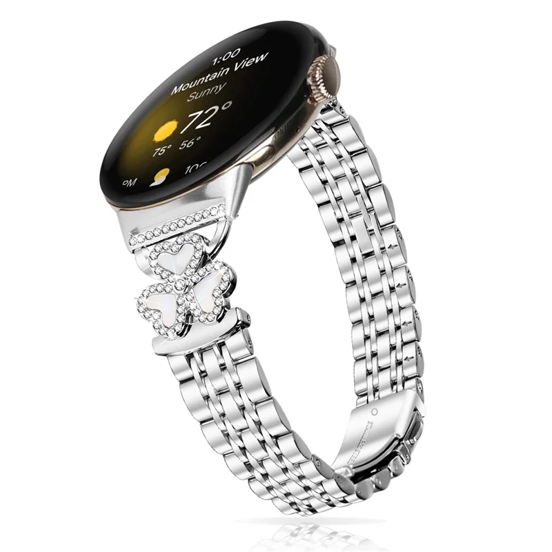 Silbernes Herz-Klee-Metallarmband für Google Pixel Watch 4 41 mm / 3 41 mm / Watch / Watch 2 Armband 7-Kugeln, glänzendes Design