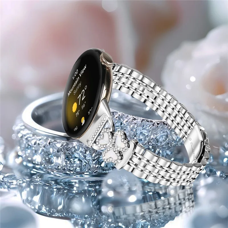 Silbernes Herz-Klee-Metallarmband für Google Pixel Watch 4 41 mm / 3 41 mm / Watch / Watch 2 Armband 7-Kugeln, glänzendes Design