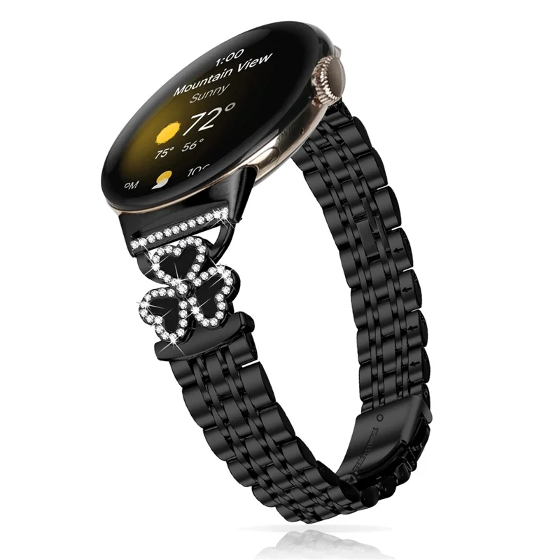 Electroplated Heart Clover Metal Band for Google Pixel Watch 4 41mm / 3 41mm / Watch / Watch 2	Watch Strap 7-Bead Shiny Design - Black+Black Shell