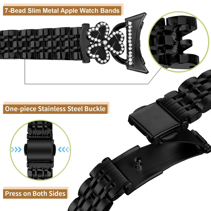 Electroplated Heart Clover Metal Band for Google Pixel Watch 4 41mm / 3 41mm / Watch / Watch 2	Watch Strap 7-Bead Shiny Design - Black+Black Shell