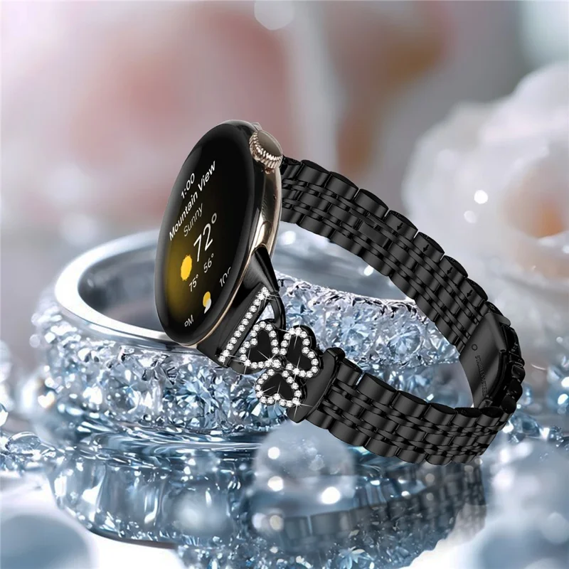 Electroplated Heart Clover Metal Band for Google Pixel Watch 4 41mm / 3 41mm / Watch / Watch 2	Watch Strap 7-Bead Shiny Design - Black+Black Shell