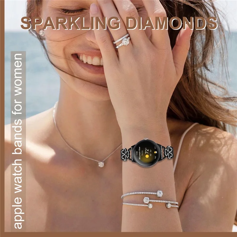 Electroplated Heart Clover Metal Band for Google Pixel Watch 4 41mm / 3 41mm / Watch / Watch 2	Watch Strap 7-Bead Shiny Design - Black+Black Shell