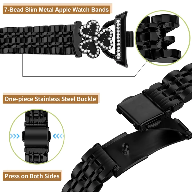 Galvanisiertes Herz-Klee-Metallarmband für Xiaomi Smart Band 9 Pro / 8 Pro Uhrenarmband mit 7-Perlen-glänzendem Design - Schwarz + Schwarze Hülle