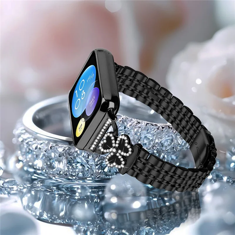 Galvanisiertes Herz-Klee-Metallarmband für Xiaomi Smart Band 9 Pro / 8 Pro Uhrenarmband mit 7-Perlen-glänzendem Design - Schwarz + Schwarze Hülle