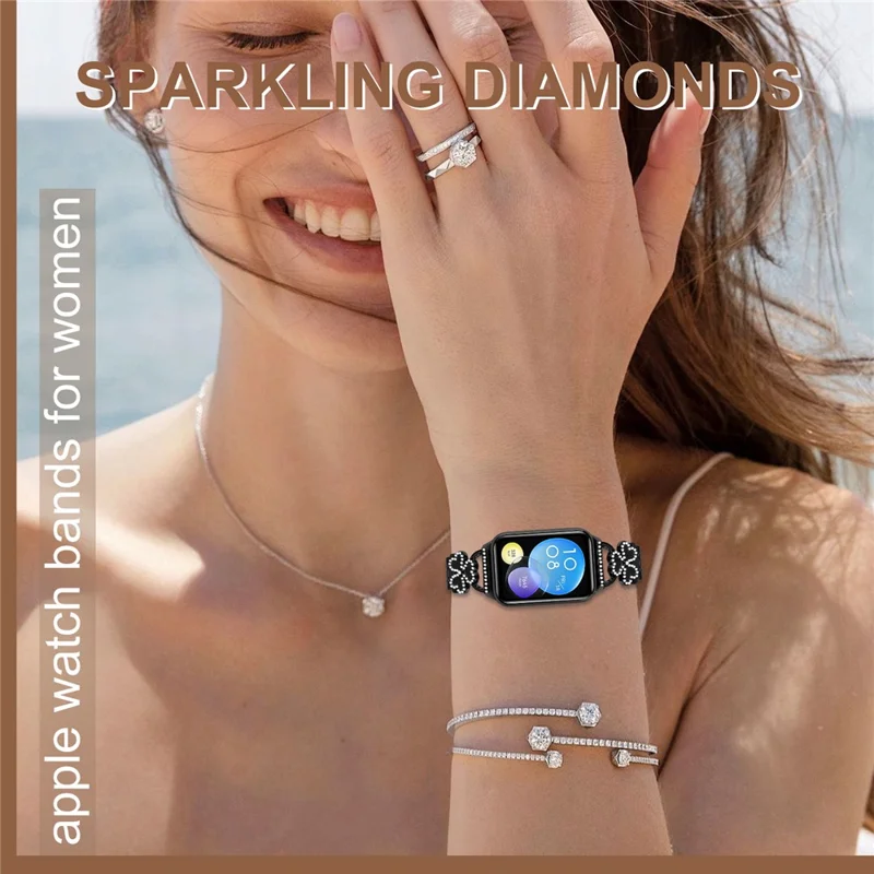 Galvanisiertes Herz-Klee-Metallarmband für Xiaomi Smart Band 9 Pro / 8 Pro Uhrenarmband mit 7-Perlen-glänzendem Design - Schwarz + Schwarze Hülle