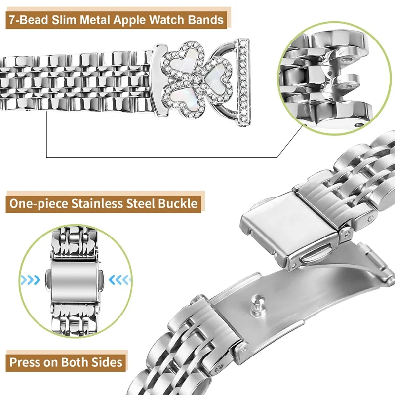 Silver Heart Clover Metal Band for Garmin Forerunner 165 / 165 Music / D2 Air X10 / vivoactive 5 / Venu Sq 2 Watch Strap 7-Bead Shiny Design