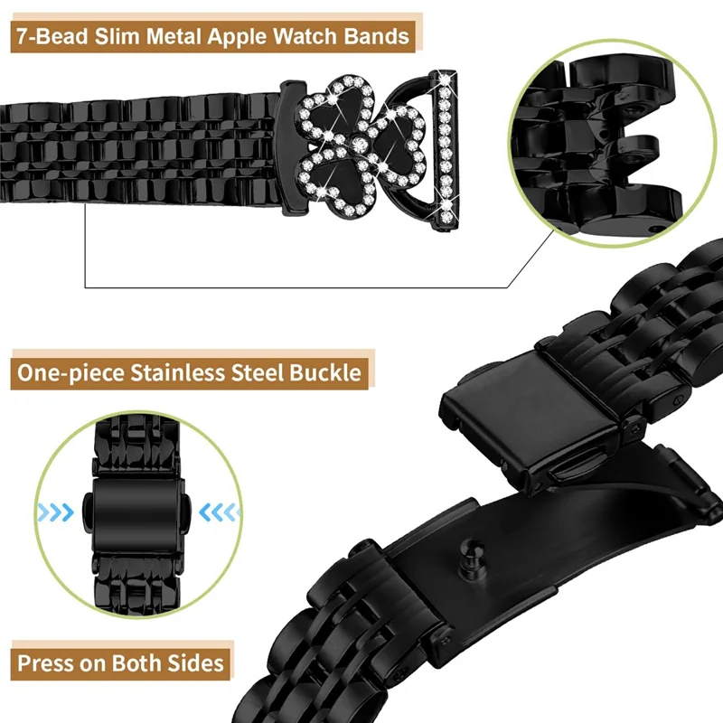 Electroplated Heart Clover Metal Band for Coros Apex 2 / Pace 2 / TicWatch GTH / E3 Watch Strap 7-Bead Shiny Design - Black+Black Shell