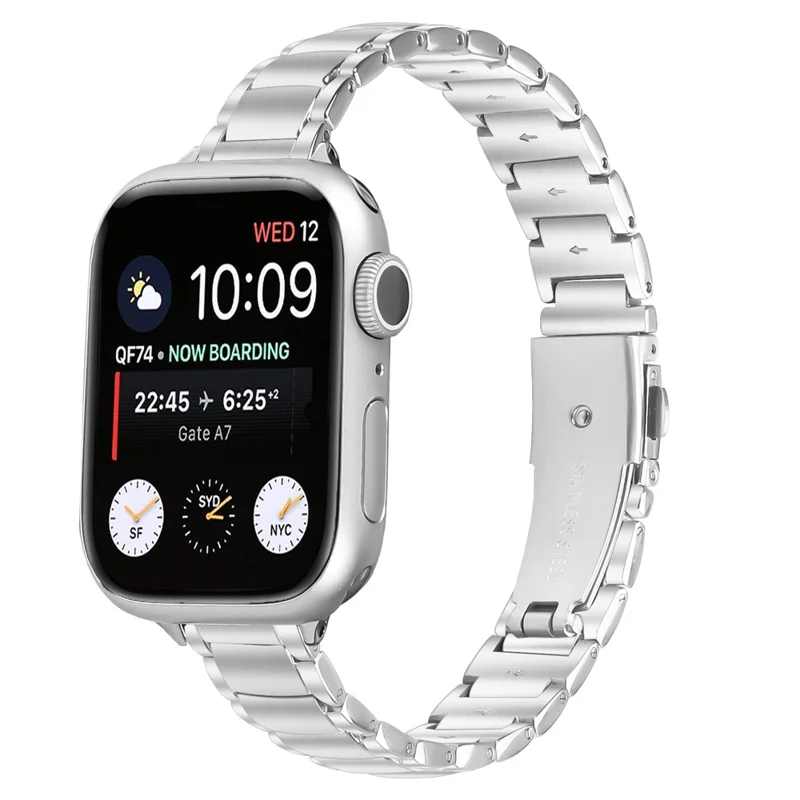 Correia em Aço Inoxidável Prateado para Apple Watch Series 11 10 42mm / 9 8 7 41mm / SE3 SE2 SE 6 5 4 40mm / 3 2 1 38mm Falsa Correia de Três Contas