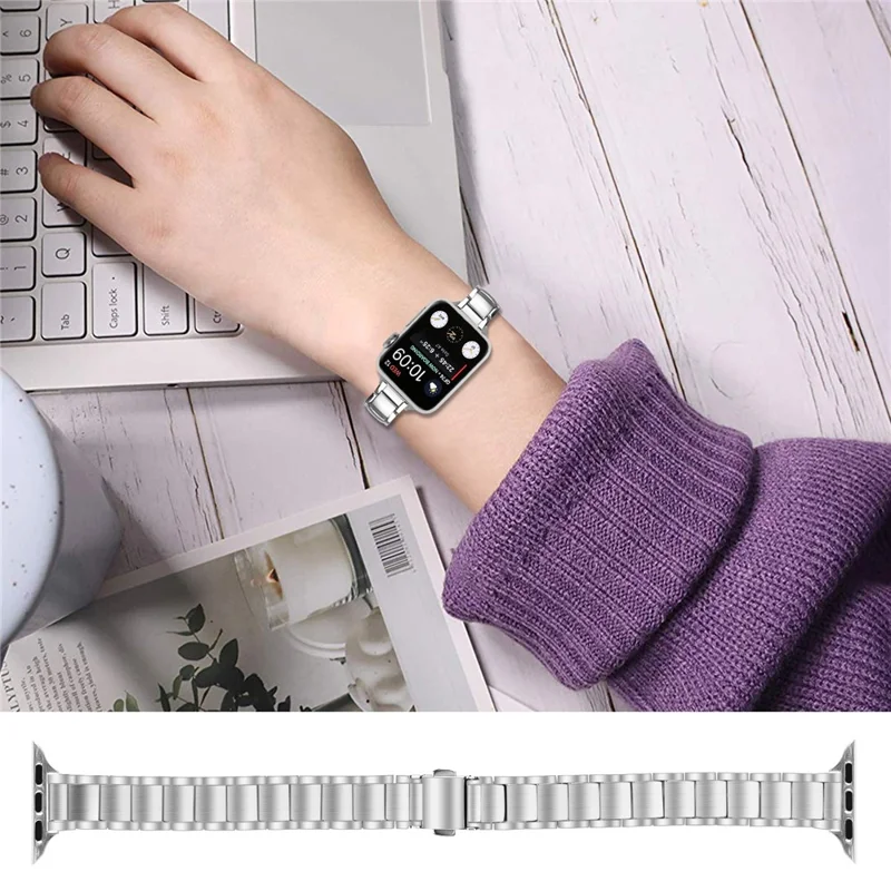 Correia em Aço Inoxidável Prateado para Apple Watch Series 11 10 42mm / 9 8 7 41mm / SE3 SE2 SE 6 5 4 40mm / 3 2 1 38mm Falsa Correia de Três Contas