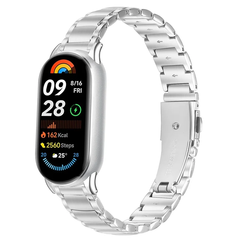 Silbernes Edelstahlarmband für Xiaomi Smart Band 10 / 9 / 8, gefälschtes Dreibohnen-Armband