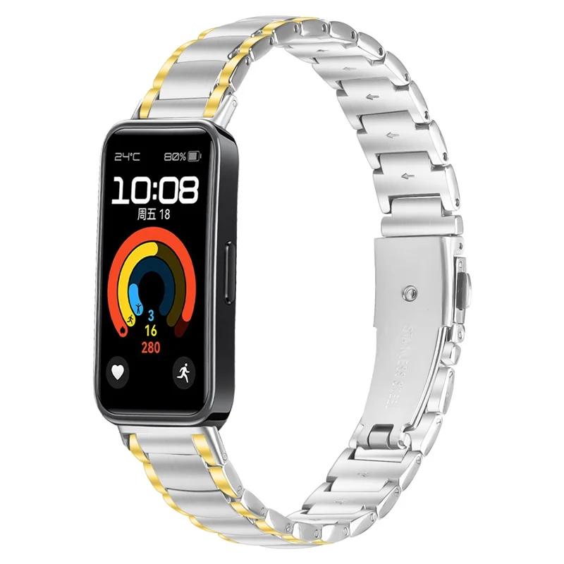 Galvanisierter Edelstahlarmband für Huawei Band 10 / 9 / 8 Faux-Drei-Perlen-Uhrenarmbandersatz – Gold-Splicing