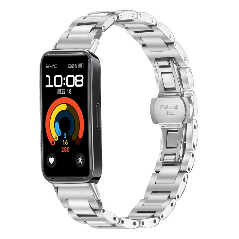 Watch Band for Huawei Band 10 / 9 / 8 Butterfly Clasp Stainless Steel Silver Strap
