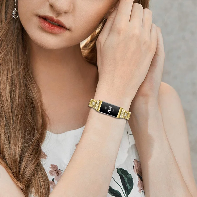 For Fitbit Charge 4 / 3 Zinc Alloy Watch Band Rhinestone Inlaid Replacement Metal Strap - Gold