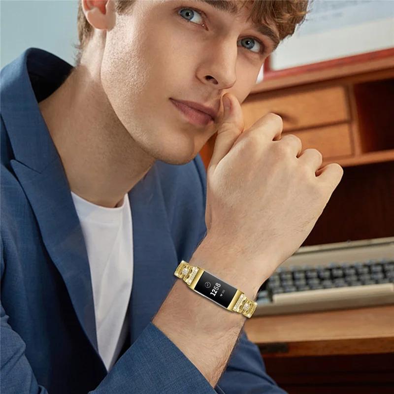 For Fitbit Charge 4 / 3 Zinc Alloy Watch Band Rhinestone Inlaid Replacement Metal Strap - Gold