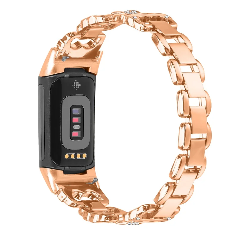 For Fitbit Charge 6 / 5 Zinc Alloy Watch Band Rhinestone Inlaid Replacement Metal Strap - Rose Gold
