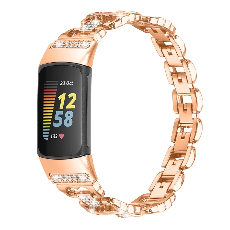 For Fitbit Charge 6 / 5 Zinc Alloy Watch Band Rhinestone Inlaid Replacement Metal Strap - Rose Gold