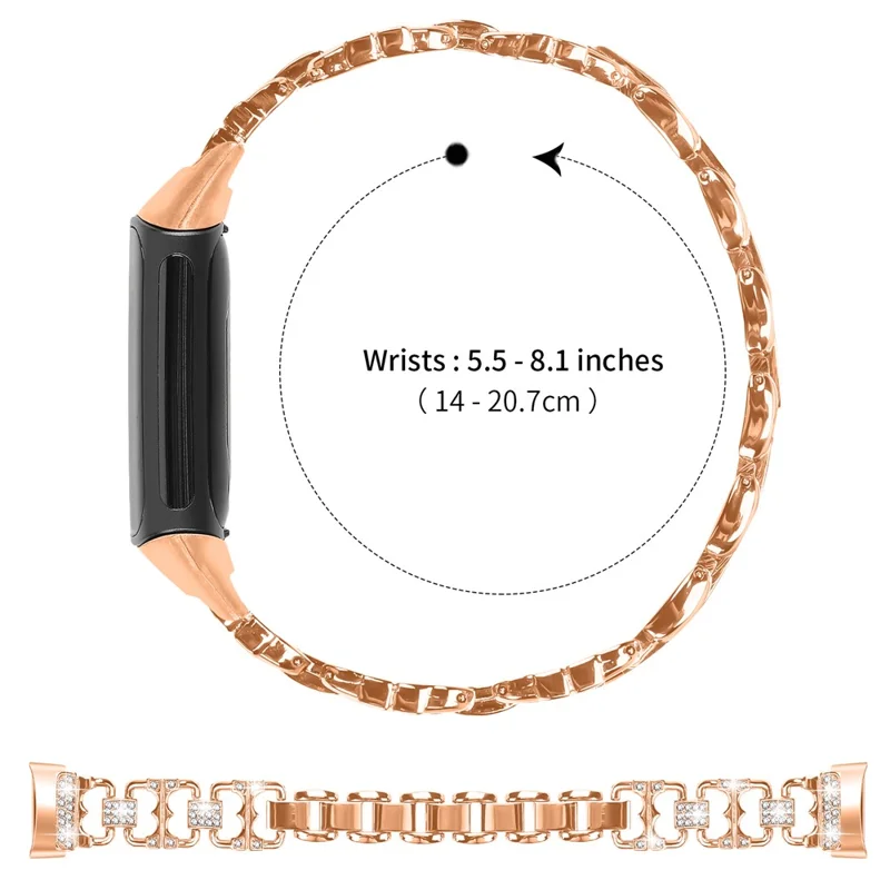 For Fitbit Charge 6 / 5 Zinc Alloy Watch Band Rhinestone Inlaid Replacement Metal Strap - Rose Gold