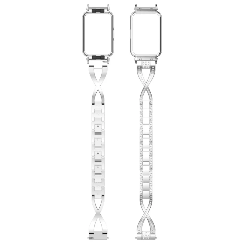 For Samsung Galaxy Fit3 Watch Band X-Style Rhinestones Stainless Steel Strap with Metal Watch Frame - Silver