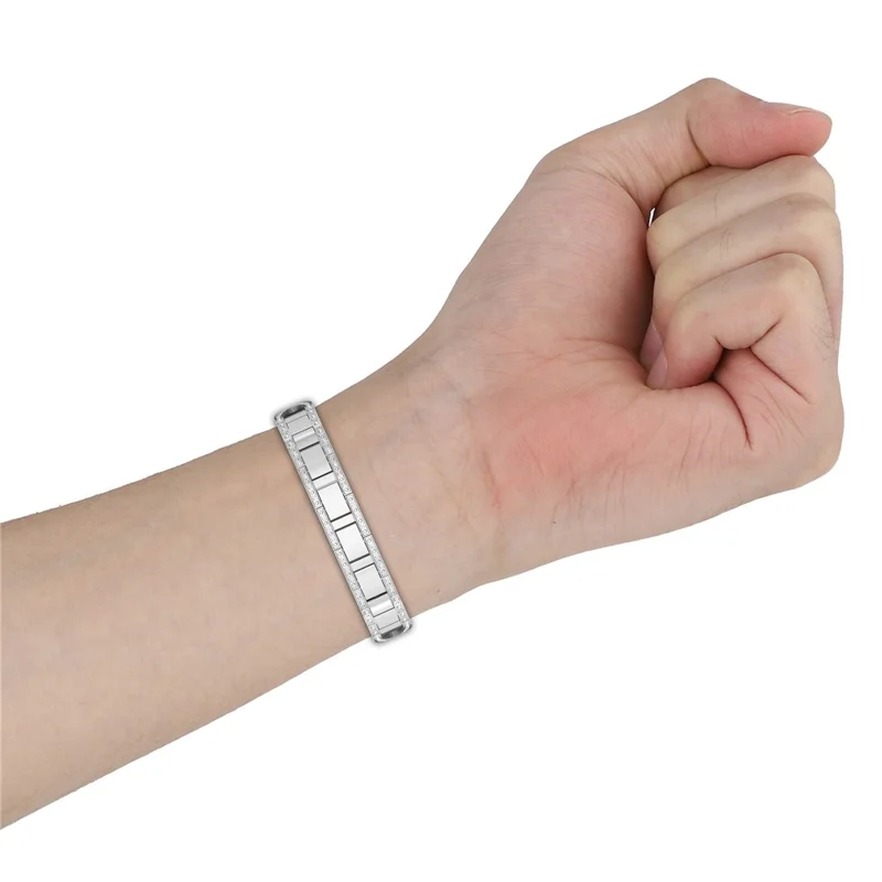 For Samsung Galaxy Fit3 Watch Band X-Style Rhinestones Stainless Steel Strap with Metal Watch Frame - Silver