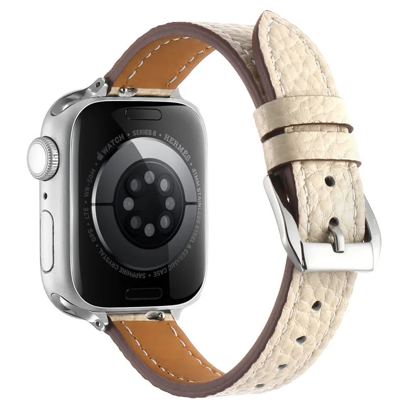 Cinturino in Vera Pelle di Vacchetta per Apple Watch Series 11 10 42mm / 9 8 7 41mm / SE3 SE2 SE 6 5 4 40mm / 3 2 1 38mm, Texture Litchi, Cinturino Regolabile - Starlight