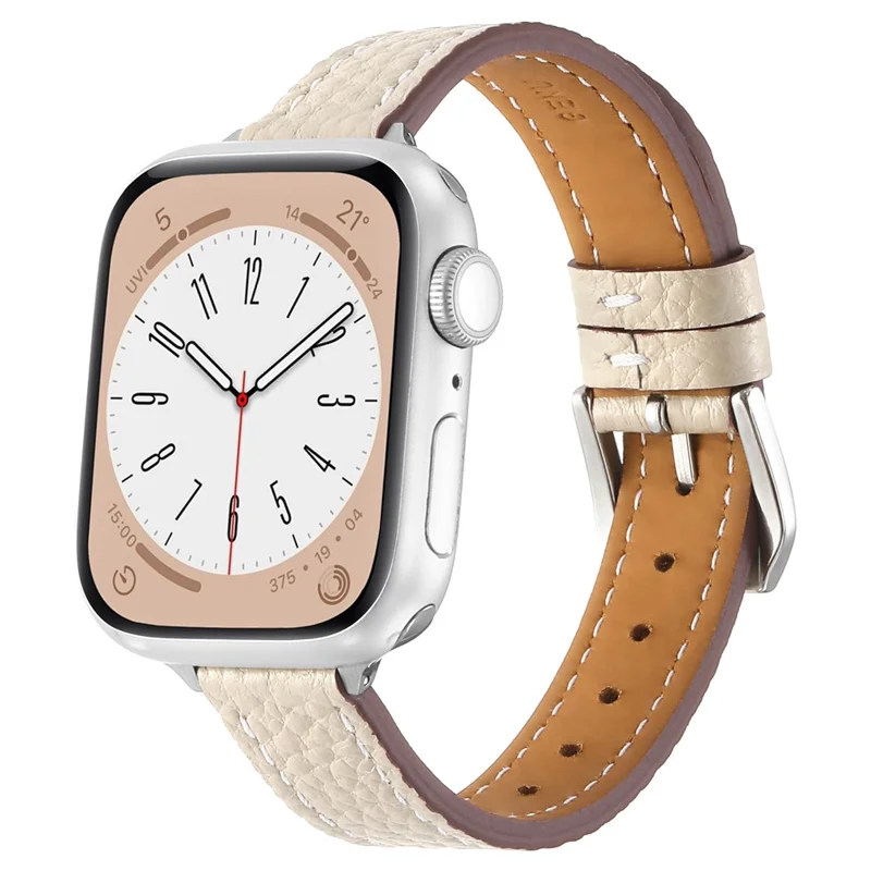 Cinturino in Vera Pelle di Vacchetta per Apple Watch Series 11 10 42mm / 9 8 7 41mm / SE3 SE2 SE 6 5 4 40mm / 3 2 1 38mm, Texture Litchi, Cinturino Regolabile - Starlight