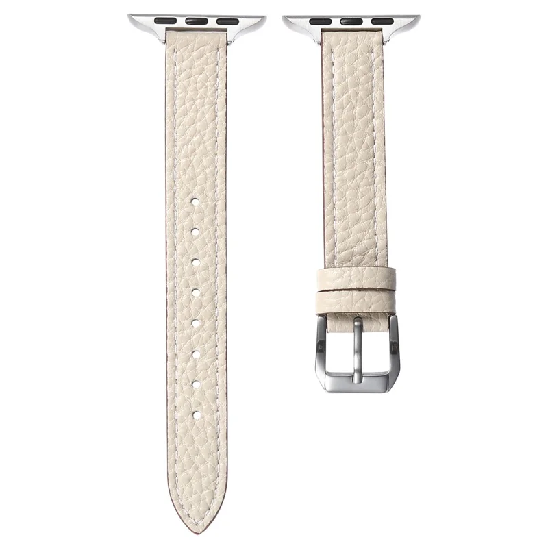 Cinturino in Vera Pelle di Vacchetta per Apple Watch Series 11 10 42mm / 9 8 7 41mm / SE3 SE2 SE 6 5 4 40mm / 3 2 1 38mm, Texture Litchi, Cinturino Regolabile - Starlight