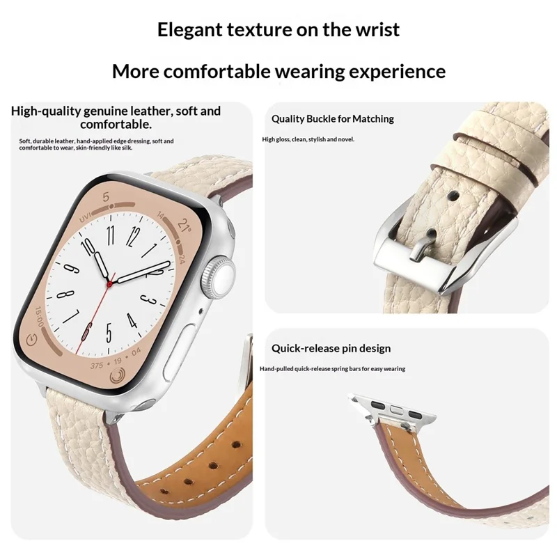 Cinturino in Vera Pelle di Vacchetta per Apple Watch Series 11 10 42mm / 9 8 7 41mm / SE3 SE2 SE 6 5 4 40mm / 3 2 1 38mm, Texture Litchi, Cinturino Regolabile - Starlight