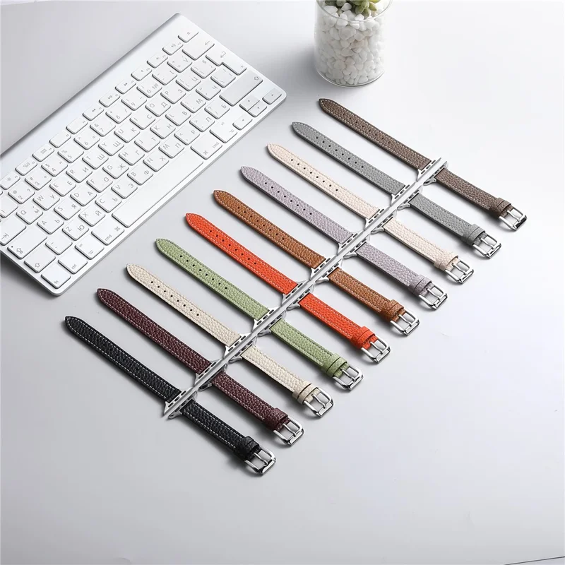 Cinturino in Vera Pelle di Vacchetta per Apple Watch Series 11 10 42mm / 9 8 7 41mm / SE3 SE2 SE 6 5 4 40mm / 3 2 1 38mm, Texture Litchi, Cinturino Regolabile - Starlight