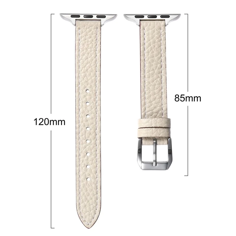 Cinturino in Vera Pelle di Vacchetta per Apple Watch Series 11 10 42mm / 9 8 7 41mm / SE3 SE2 SE 6 5 4 40mm / 3 2 1 38mm, Texture Litchi, Cinturino Regolabile - Starlight