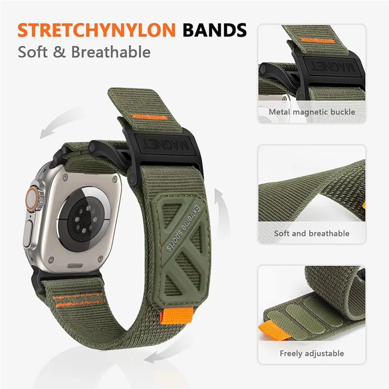 Cinturino Magnetico in Nylon per Apple Watch Series 11 10 42mm / 9 8 7 41mm / SE3 SE2 SE 6 5 4 40mm / 3 2 1 38mm, Cinturino Regolabile con Chiusura a Fibbia Magnetica - Verde Militare