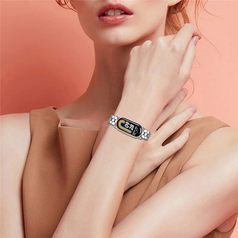 Metal Watch Band for Xiaomi Smart Band 10 / 9 / 8 Pearl-Shape Stainless Steel Silver Wrist Strap