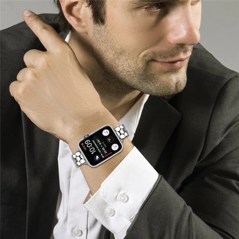 Pulseira Metálica para Apple Watch Series 10 9 8 7 SE 6 5 4 3 2 1 42mm 41mm 40mm 38mm, Pulseira Prateada em Aço Inoxidável com Formato de Pérola